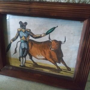 Vintage Bull Fight Matador Painting on a stone rus